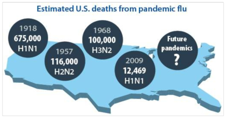 판데믹 인플루엔자바이러스에 의한 사망자 수 (출처: CDC)