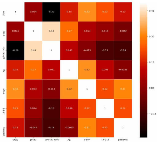 14-3-3, t-tau, p-tau, p/t-tau ratio, a-syn, and Aβ 단백마커간 correlation heat map. 각 사각형은 각 단백질 발현정도의 연관성 정도를 나타내며 음의 상관관계일수록 검은색, 양의 상관관계일수록 흰색을 띔(관련성이 낮을수록 붉은 색)