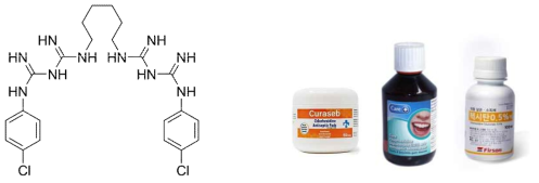 클로르헥시딘 구조식과 클로로헥시딘이 주성분인 제품의 예