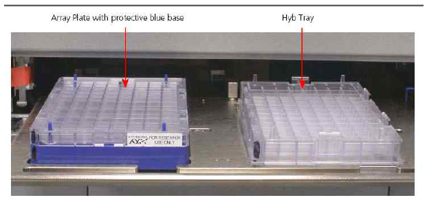 Array plate with protective blue base and the Hyb Tray aligned and properly loaded into drawer