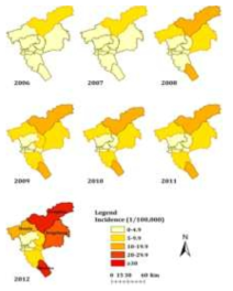 중국 광조우시의 쯔쯔가무시 발생률(2006–2012)