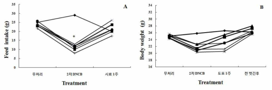 Curves of feed intake(A) and body weight(B) in mice treated fabrics. -◆-; Treated Normal saline and worn fabric treated Normal saline, -￭-; Treated 1% 1-chloro-2,4-dinitro-benzene (DNCB) and worn fabric treated Normal saline, -▴-; Treated 1% 1-chloro-2,4-dinitro-benzene (DNCB) and worn fabric treated A 1x extract, -×-; Treated 1% 1-chloro-2,4-dinitro-benzene (DNCB) and worn fabric treated A 0.1x extract, -*-; Treated 1% 1-chloro-2,4-dinitro-benzene (DNCB) and worn fabric treated B 1x extract, -●-; Treated 1% 1-chloro-2,4-dinitro-benzene (DNCB) and worn fabric treated B 0.1x extract, - ⃒-; Treated 1% 1-chloro-2,4-dinitro-benzene (DNCB) and worn fabric treated B 0.01x extract