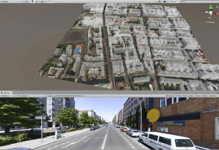 가상공간 및 Image-based rendering 결과. 위 화면은 3D 모델로 구성된 Berlin 지역의 맵을 보여주며 아래 화면은 Image-based rendering 결과를 보여줌