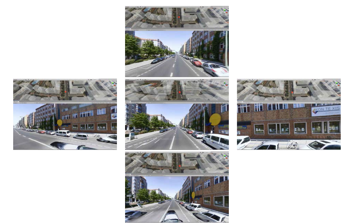 가상공간 및 Image-based rendering의 결과. 가운데 사진은 Streetview 360도 이미지와 동일한 위치에 사용자가 있는 경우를 보여주며 위는 북쪽, 좌는 서쪽, 우는 동쪽, 아래는 남쪽으로 사용자 이동했을 때의 Image-based rendering 결과를 보여줌. 위 화면의 공간정보데이터 기반 가상공간의 빨간색 점을 통해 사용자의 이동 및 위치를 알 수 있으며 아래 화면의 Image-based rendering 결과를 통해 해당 시점에서 합성된 이미지의 결과를 볼 수 있음