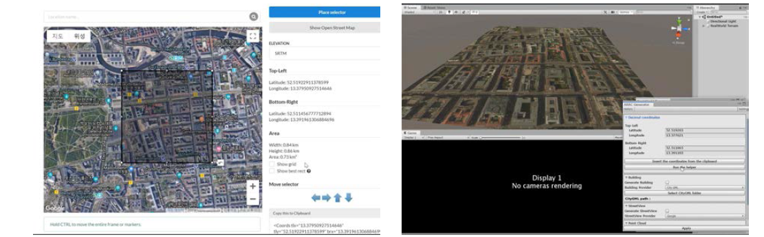 위도, 경도 입력 및 Unity3D 가상환경에 해당 공간의 2D 위성 사진 배치 예시