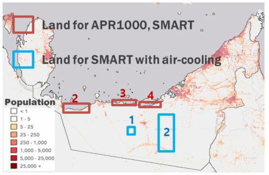 Population density map of UAE with lands that NPPs can be built-in