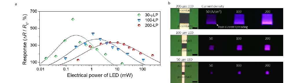 (a) Normalized response [(R - Rair) / Rair × 100 (%)] to 1 ppm NO2 gas under different input electrical powers of 30-μLP, 100-LP, and 200-LP. (b) Comparison of emission uniformity according to the size of LED Platforms (LPs) and controlled current density (50 - 1000 A/cm2). Scale bars are 100 μm