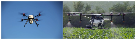 Applications of drones (left: aerial surveillance, right: crop dusting)