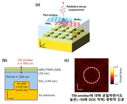 (a) 금 나노디스크 반사형 기판을 이용한 2차원 평면내 광학적 진공 구현 개념도. (b) 전산모사된 구조의 상세 정보. (c) TM 편광 상태에서 공간적으로 균일한 광학적 진공도 획득 전산모사 결과