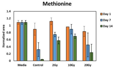 methionine의 peak area값 정량 비교 그래프