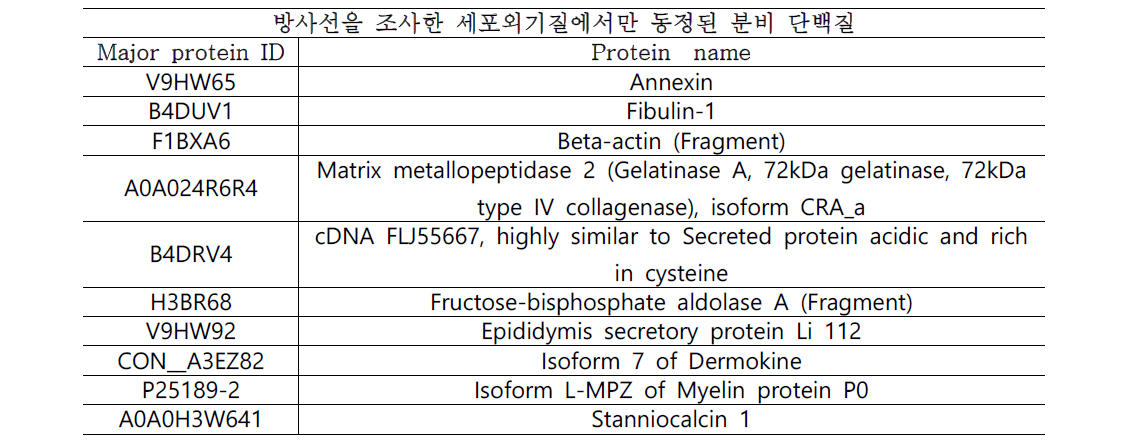 실험군에서만 분석된 단백체 38개 중에서 분석이 잘 이루어진 단백체 list