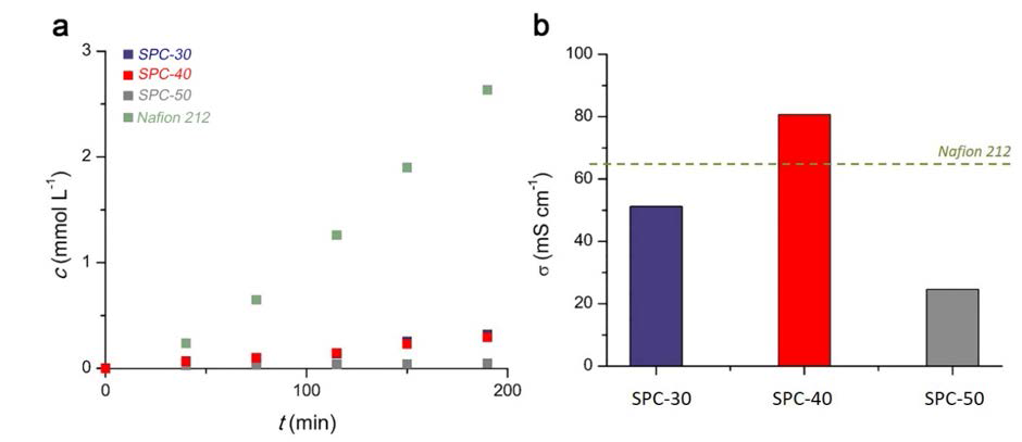 희생 블록의 질량비에 따른 메조다공성 분리막(SPC)의 (a) VO2+ 투과도 및 (b) 양성자 전도도