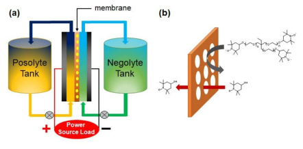 (a) 레독스 흐름 전지의 모식도 (b) 분리막의 기공크기에 따른 활물질의 투과성을 도시한 그림