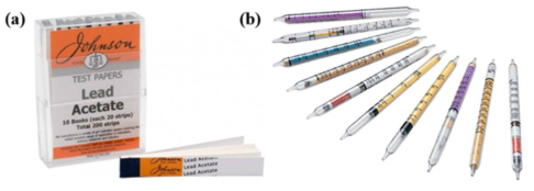 (a) Johnson 사에서 출시된 황화수소가스 지시용 아세트산납 (lead acetate) 테스트 페이퍼, (b) Draeger 사에 의해 개발된 가스 지시용 색변화 튜브