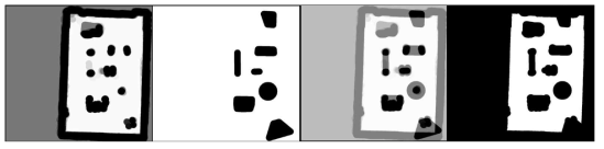 경로 생성용 지도. (첫번째) 기존 gridmap을 활용한 지도, (두번째) object정보를 활용한 지도, (세번째) 두 지도를 합한 지도, (네번째) 합쳐진 지도를 thresholding 한 최종 지도