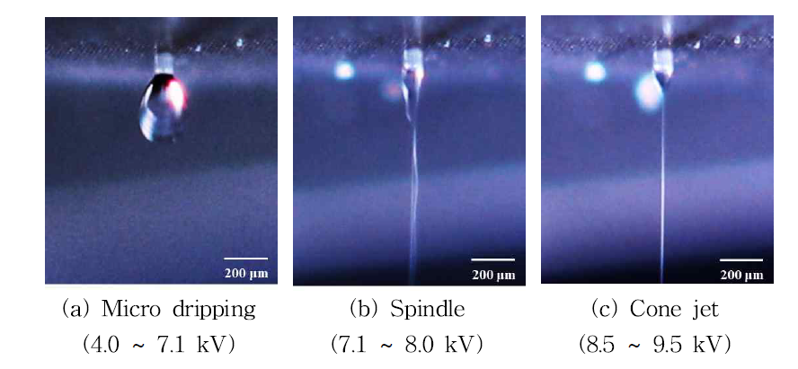 전압 증가에 따른 물 정전분무 양상