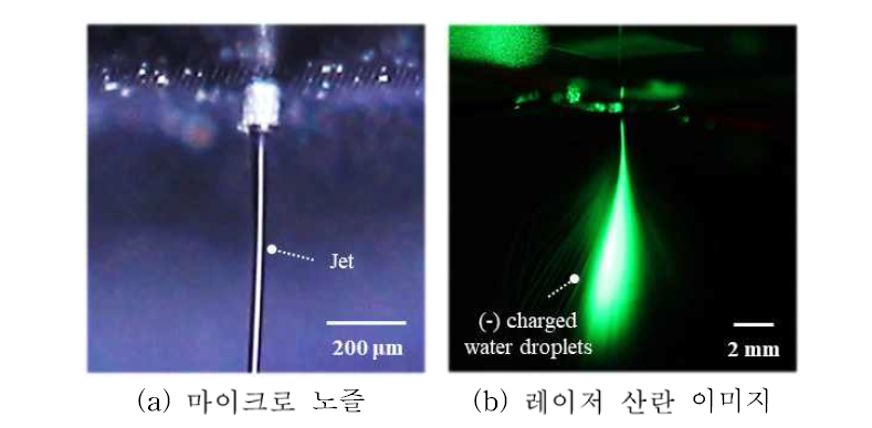 Simple jet 모드 정전분무 분무 양상 관찰 결과 (유량: 20 ml/h, 인가 전압: 8.5 kV)