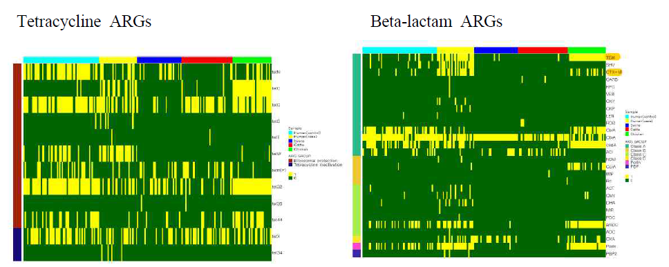 건강인, CDI 환자, 돼지, 소 및 닭의 장마이크로바이옴내 tetracycline과 beta-lactam 유전자의 분포 비교