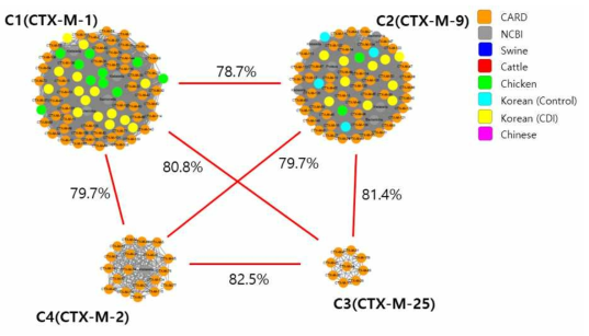 CTX-M 유전자의 서열 유사도에 따른 네트워크 분석