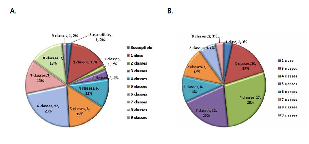 Multi-drug resistance rate of K. pneumoniae strains isolated from clinical(a) and environmental(b) samples for 2017-2019