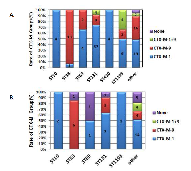 Rate of CTX-M group by ST types of multi-drug resistance E. coli strains isolated from clinical(A) and environmental(B) samples for 2017-2019