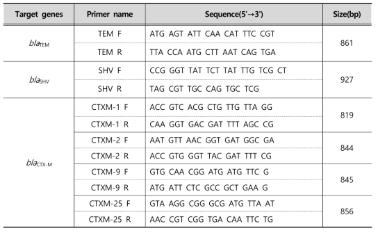 The primers used to detection of ESBL genes by PCR