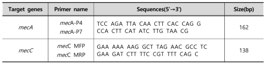 The primers used to detection of meticillin resistance genes by PCR