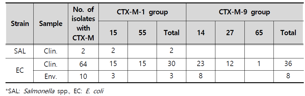 CTX-M types of ESBL-producing strains isolated from clinical and environmental samples in 2017