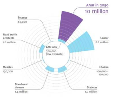 Deaths attributable to antimicrobial resistance every year(by Jim O’Neill, 2016)