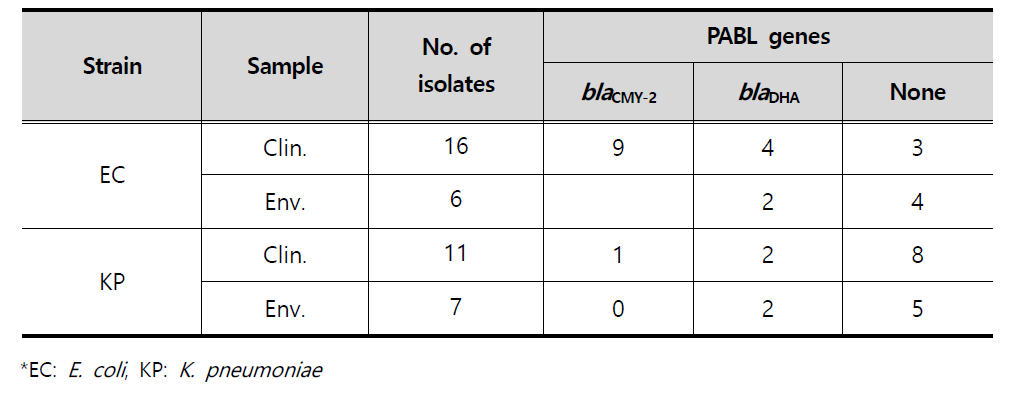 Resistance gene types of PABL-producing strains isolated from clinical and environmental samples in 2018