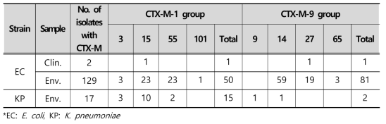 CTX-M types of ESBL-producing strains isolated from clinical and environmental samples in 2019