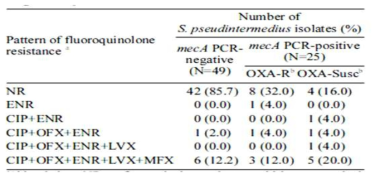 S. pseudintermedius에서 meaA의 발현과 퀴놀론계 항생제의 다제내성 비율을 분석