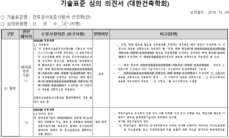 대한건축학회 기술표준 제정 심의 의견서