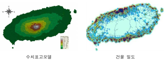 제주도 수치표고 모델 및 건물 밀도