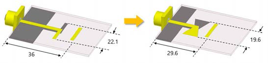 (a) 기존 직사각형 형태 안테나 및 (b) tapered-Line 형태 적용 시 안테나 면적 비교