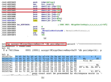 SPNcryptDerivekey의 결과값이 buffer에 저장되는 것을 확인 (a. NcryptDeriveKey 함수 코드, b. 디버거에서 브레이크 포인트를 통해 결과값이 ebp+14에 들어간 것은 확인)