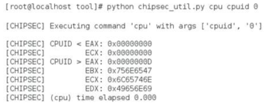 chipsec 프레임워크를 이용하여 cpuid instruction을 실행시킨 화면, eax에 0을 넣어 cpuid를 실행시킨 경우, eax, ebx, ecx, edx 레지스터에 GenuineIntel이라는 스트링이 들어가 있는 것을 확인할 수 있다. 이는 Intel 프로세서를 사용하는 것을 의미한다