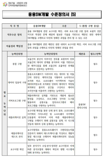 응용SW개발 5수준 정의 및 필요역량(일부 발췌)