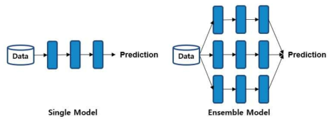 단일 심층학습 모델과 세 개 모델을 앙상블하는 모델의 비교