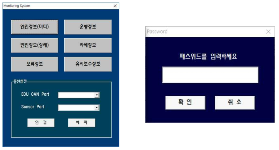 모니터링 시스템 메인화면(좌) 및 패스워드 시동시스템 모사(우)