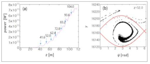 1D simulation 예제. (a) FEL gain curve (b) 전자빔의 phase space plot
