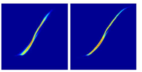 전자빔의 종방향 simulation 결과(왼쪽)과 인공 지능이 예측한 결과(오른쪽)