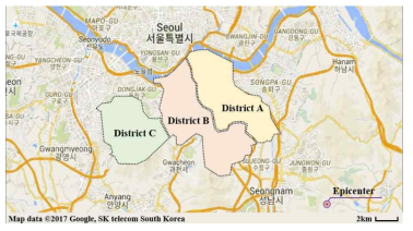 지진 진앙과 세 커뮤니티의 위치(Choi et al., 2018)