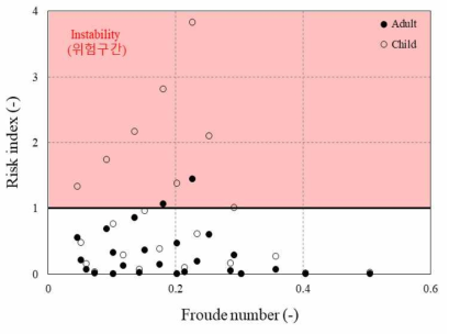 유속 변화(Froude number)에 따른 성인과 청소년의 risk index