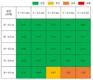 침수피해 발생 시 30대 성인에 관한 대피위험지표(Risk matrix)