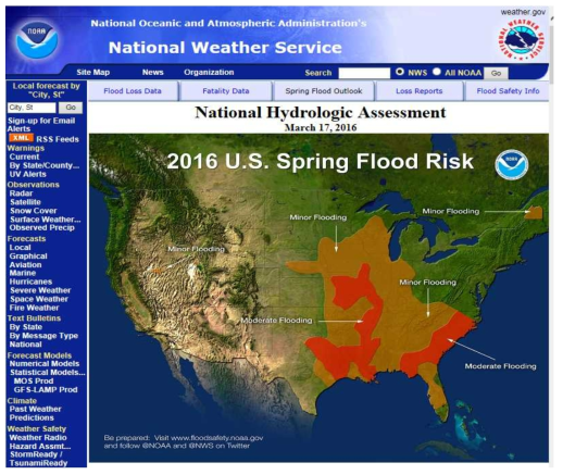 미국 국가수문평가 시스템 봄철 하천 홍수위험 서비스
