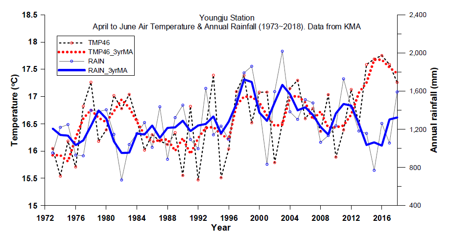 영주관측소 4-6월 평균기온과 연강수량 추이(청색, 적색선은 3년 이동평균)