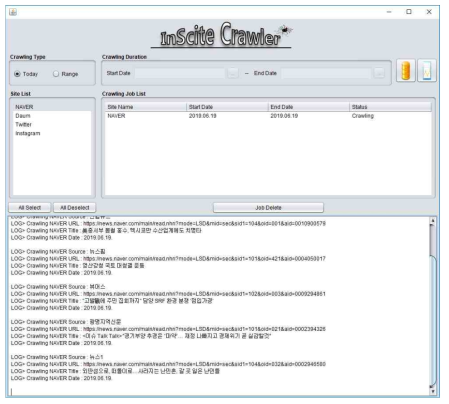 웹 크롤러 실행 화면(Naver, Today 선택)