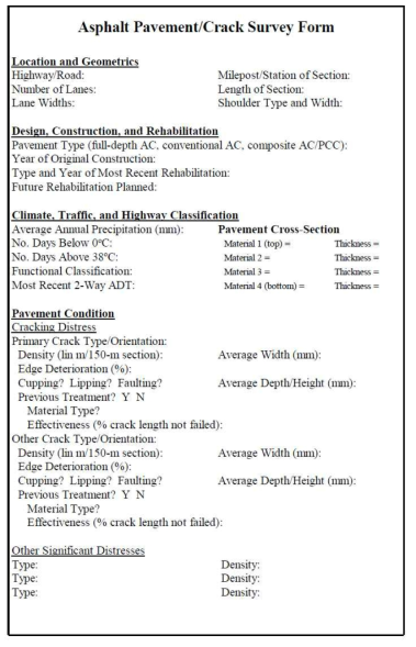 Asphalt pavement/crack survey form(Smith, 1999)