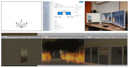 다면투사(BIM ROOM) 설정 및 화재 시뮬레이션 시연 화면